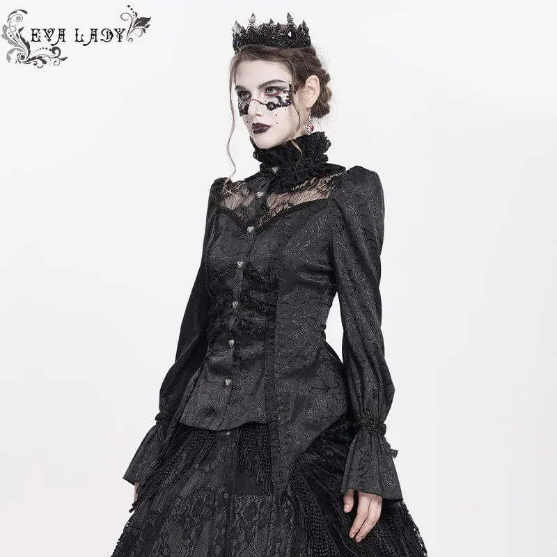 Gothic-Langarmhemd mit Jacquard-Spitze und Stehkragen für Damen