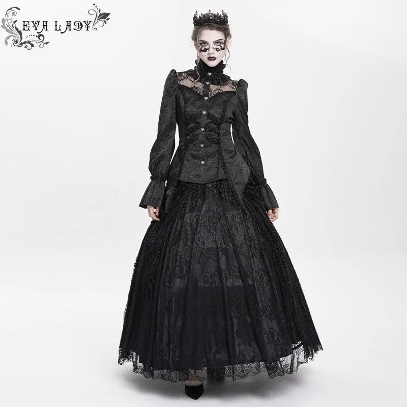 Gothic-Langarmhemd mit Jacquard-Spitze und Stehkragen für Damen