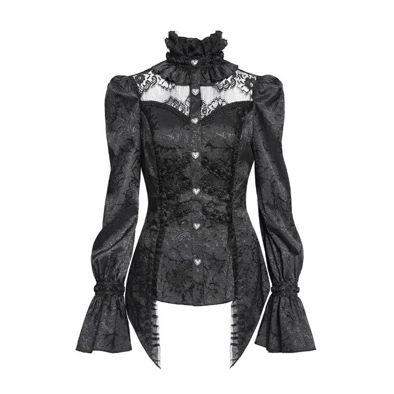 Gothic-Langarmhemd mit Jacquard-Spitze und Stehkragen für Damen