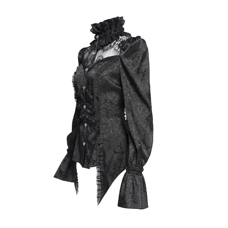 Gothic-Langarmhemd mit Jacquard-Spitze und Stehkragen für Damen