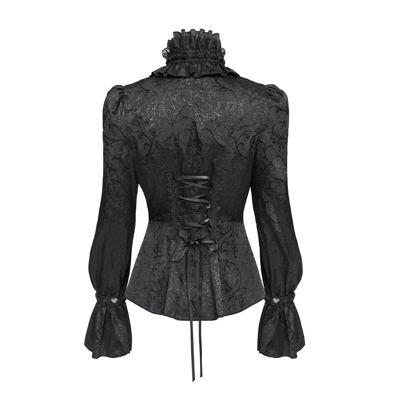 Gothic-Langarmhemd mit Jacquard-Spitze und Stehkragen für Damen