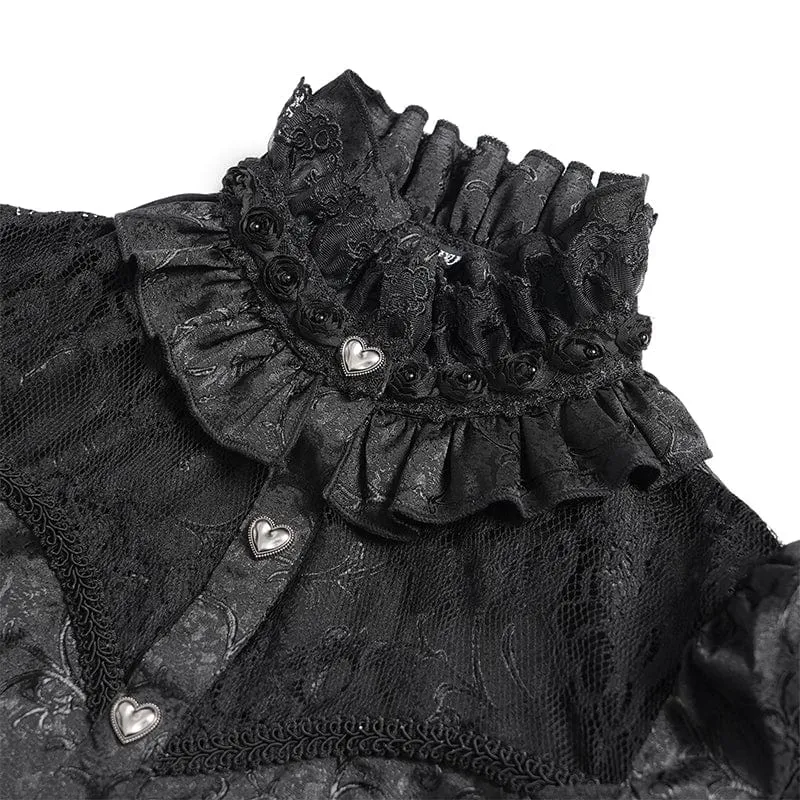 Gothic-Langarmhemd mit Jacquard-Spitze und Stehkragen für Damen