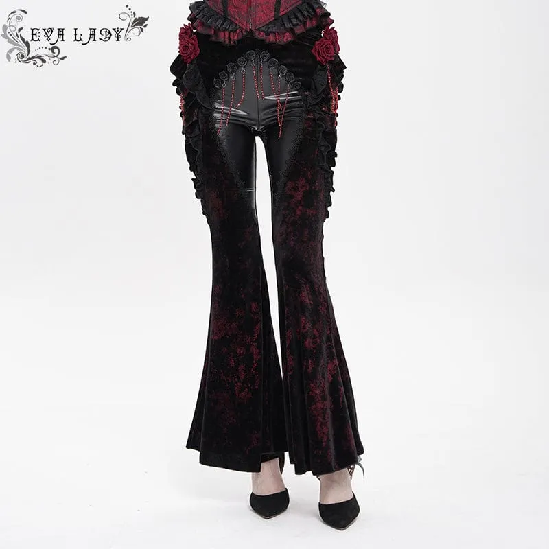 Gothic Floral Kunstleder & Samt Rüschenhose für Damen Rot