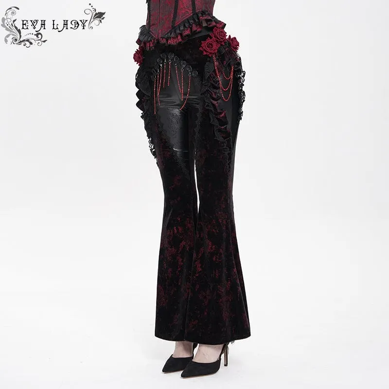 Gothic Floral Kunstleder & Samt Rüschenhose für Damen Rot