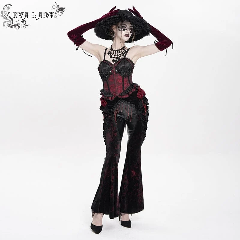 Gothic Floral Kunstleder & Samt Rüschenhose für Damen Rot