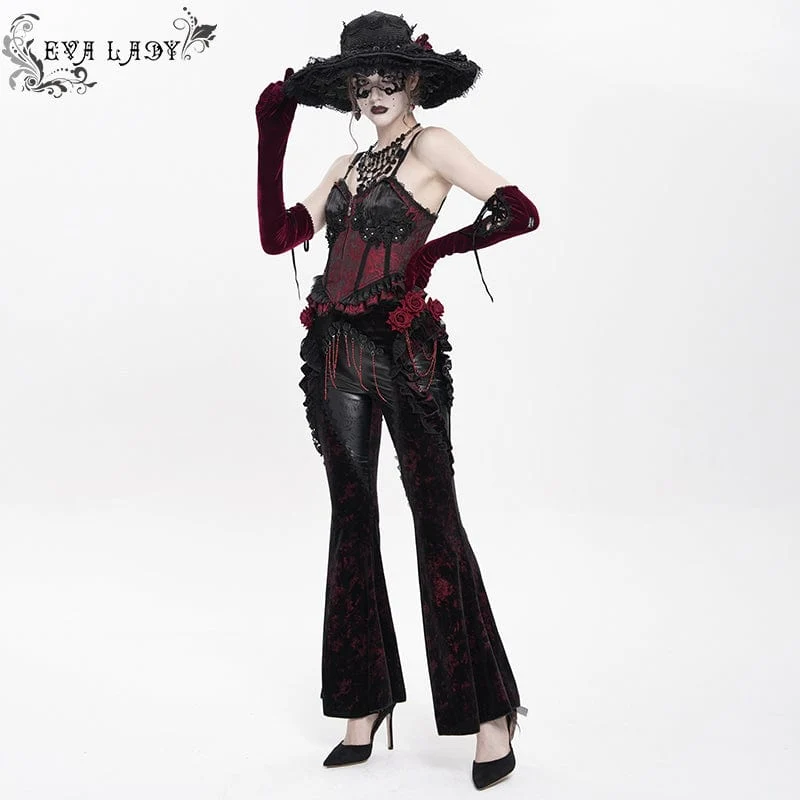 Gothic Floral Kunstleder & Samt Rüschenhose für Damen Rot