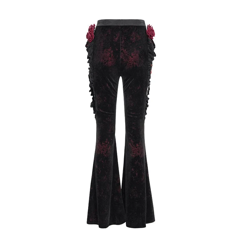 Gothic Floral Kunstleder & Samt Rüschenhose für Damen Rot