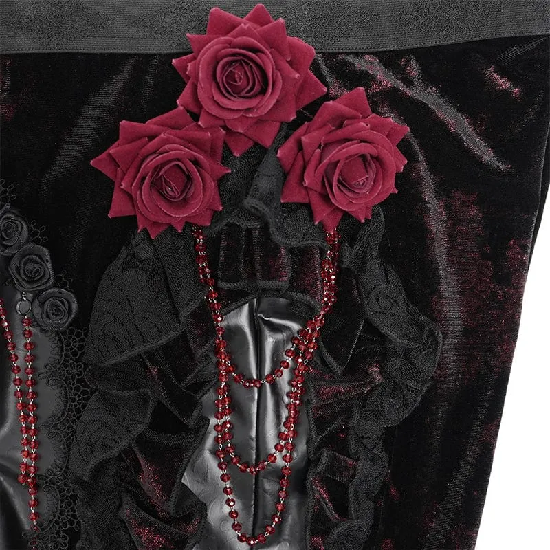 Gothic Floral Kunstleder & Samt Rüschenhose für Damen Rot