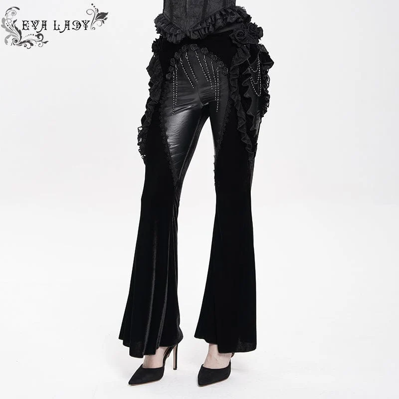 Gothic Floral Kunstleder & Samt Rüschenhose für Damen Schwarz