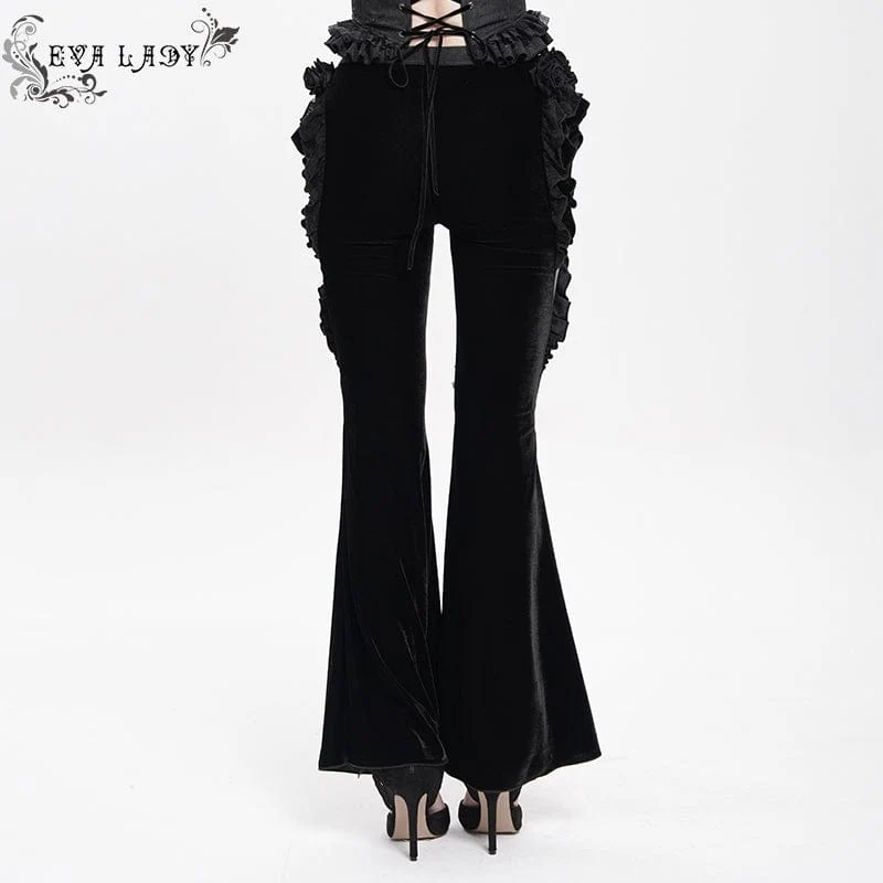 Gothic Floral Kunstleder & Samt Rüschenhose für Damen Schwarz