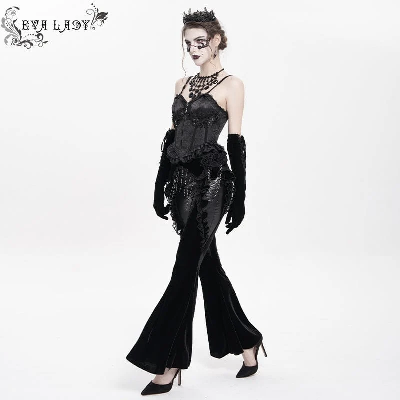 Gothic Floral Kunstleder & Samt Rüschenhose für Damen Schwarz