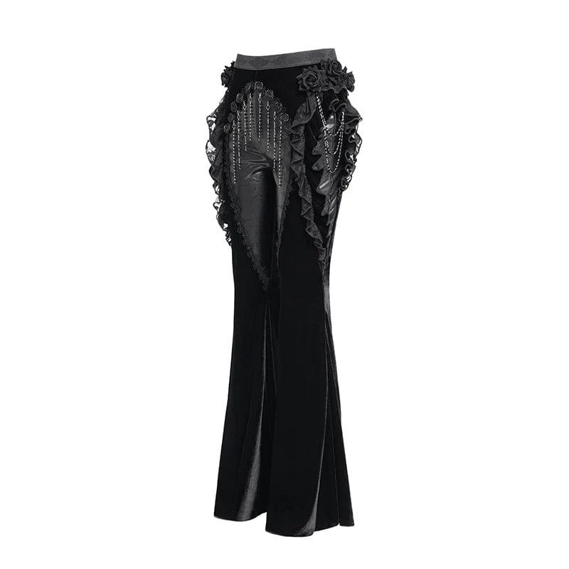 Gothic Floral Kunstleder & Samt Rüschenhose für Damen Schwarz