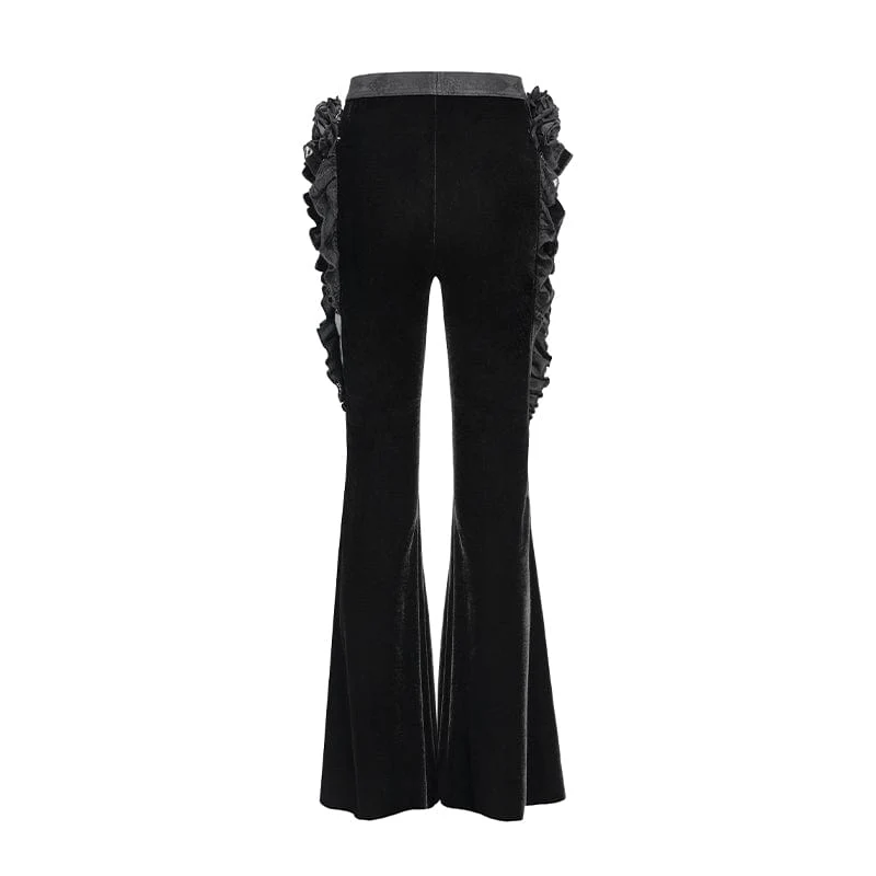 Gothic Floral Kunstleder & Samt Rüschenhose für Damen Schwarz
