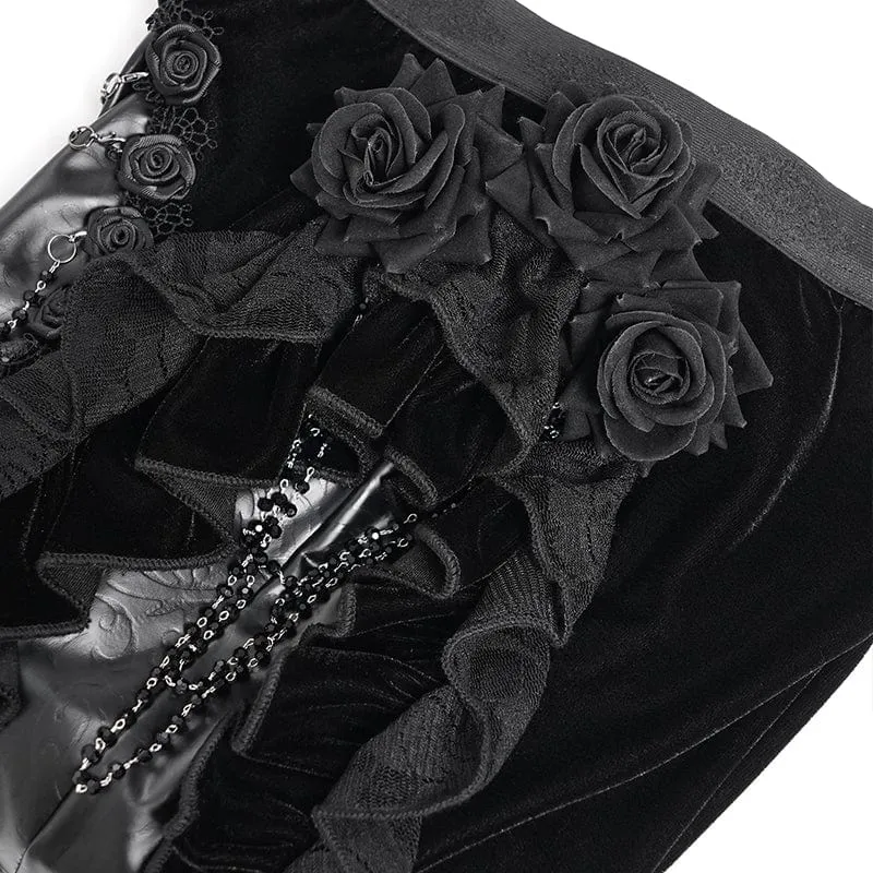 Gothic Floral Kunstleder & Samt Rüschenhose für Damen Schwarz