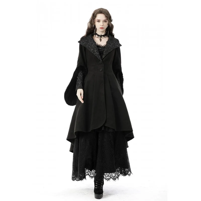 Gothic-Wollmantel mit hohem/niedrigem Schwalbenschwanz und Kapuze für Damen
