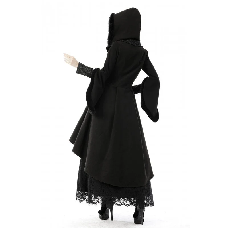 Gothic-Wollmantel mit hohem/niedrigem Schwalbenschwanz und Kapuze für Damen