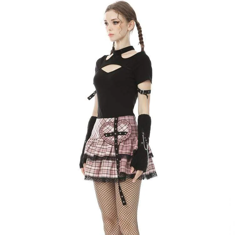 Damen Lolita Rock Heart Pink Plaid Miniröcke mit Spitzensaum