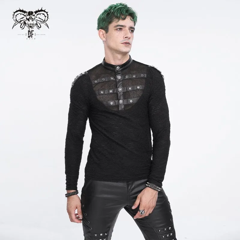 Herren-Punk-Stehkragen-Mesh-Splice-Hemd