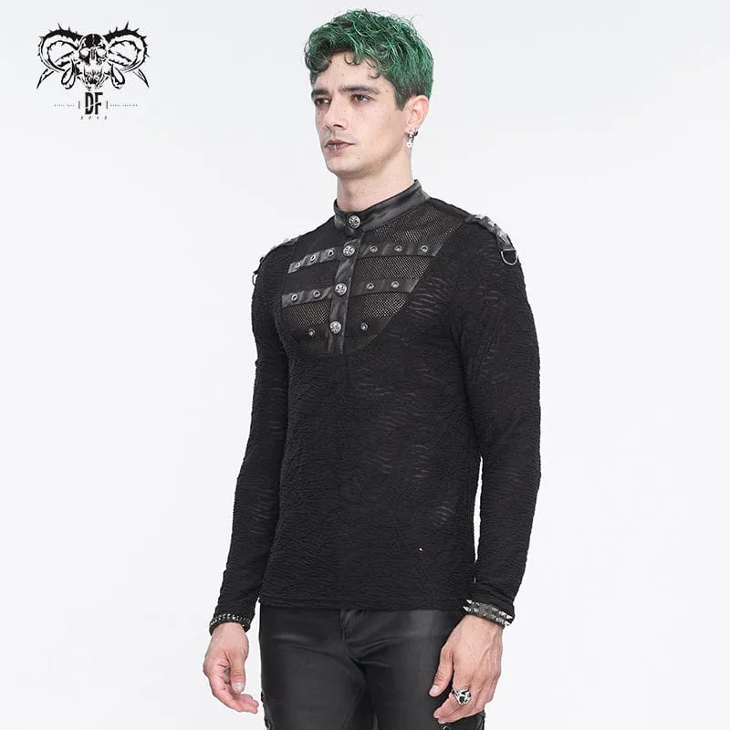 Herren-Punk-Stehkragen-Mesh-Splice-Hemd