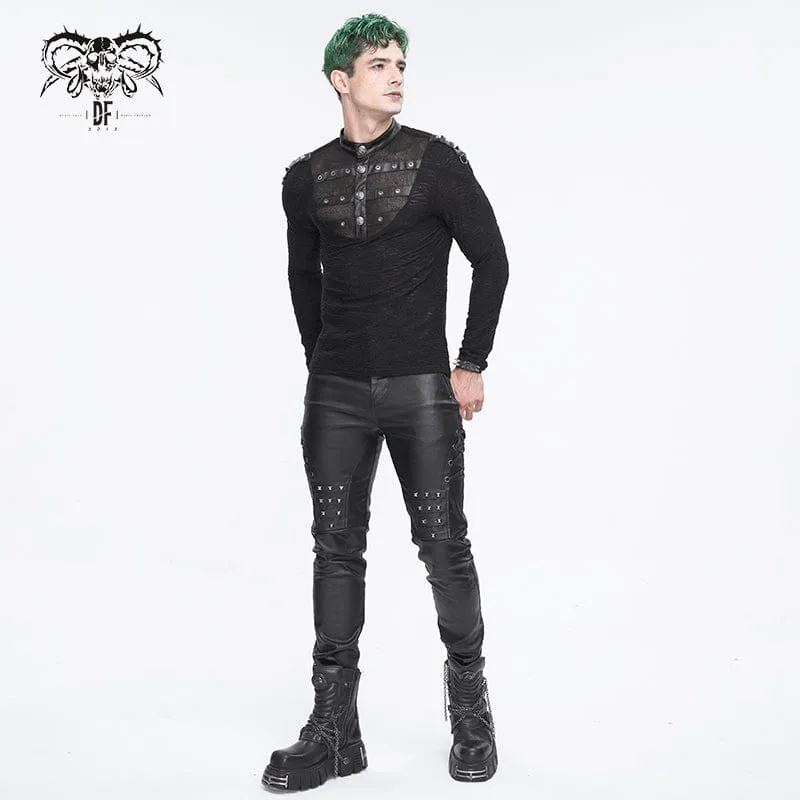 Herren-Punk-Stehkragen-Mesh-Splice-Hemd