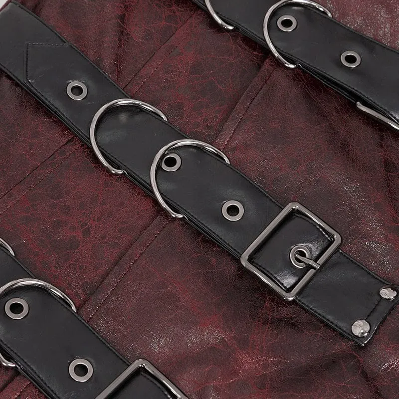 Herren-Punk-Mantel aus Kunstleder mit Stehkragen und mehreren Schnallen, Rot