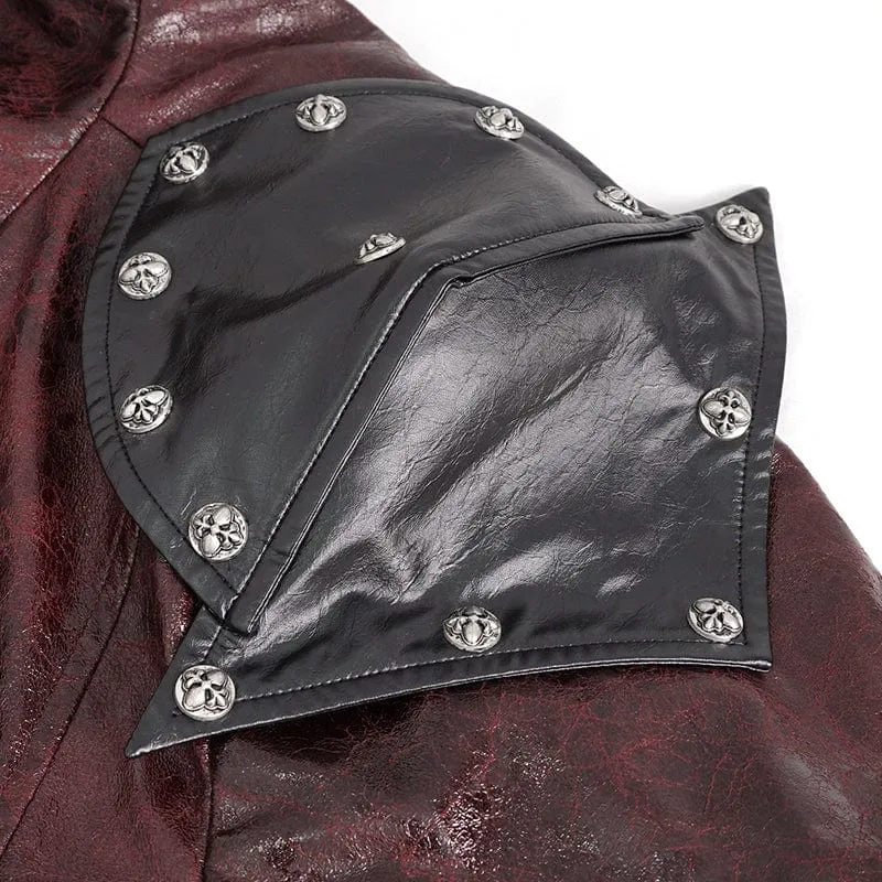 Herren-Punk-Mantel aus Kunstleder mit Stehkragen und mehreren Schnallen, Rot