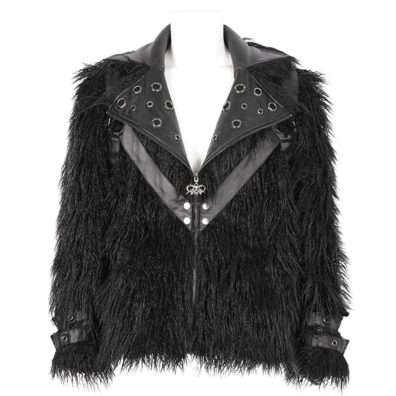 Herren-Punk-Jacke aus Kunstpelz mit Umlegekragen