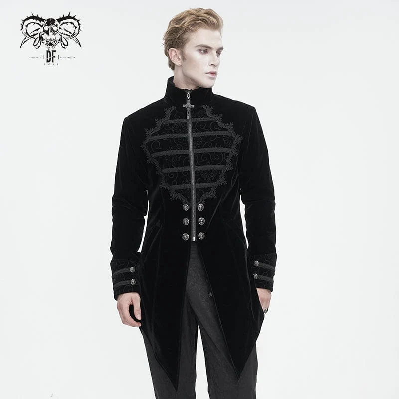 Herren Gothic-Mantel mit Stehkragen und Spitzenspleiß, Schwalbenschwanz, Schwarz