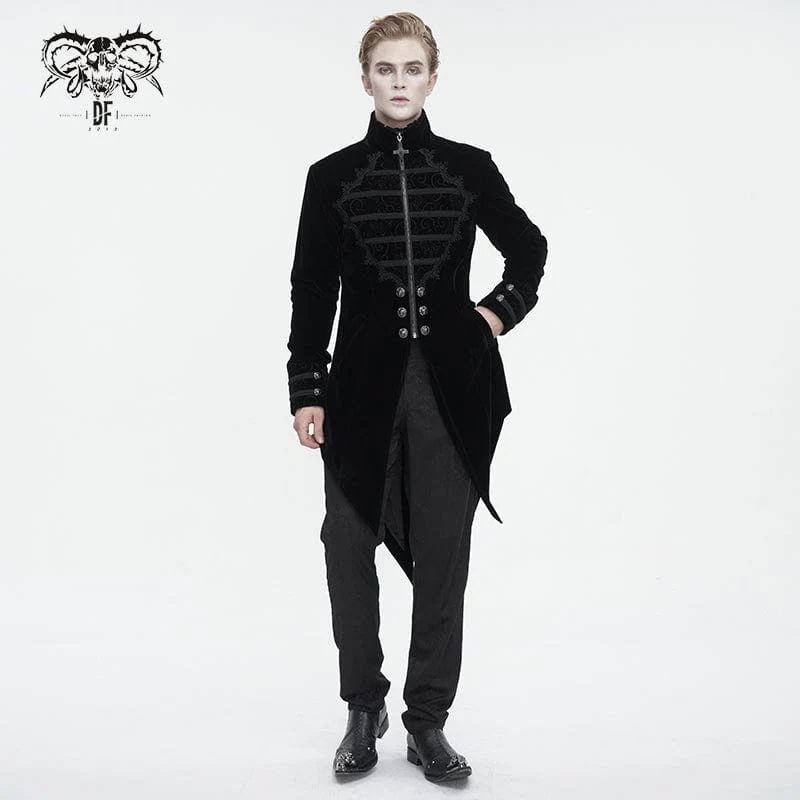 Herren Gothic-Mantel mit Stehkragen und Spitzenspleiß, Schwalbenschwanz, Schwarz