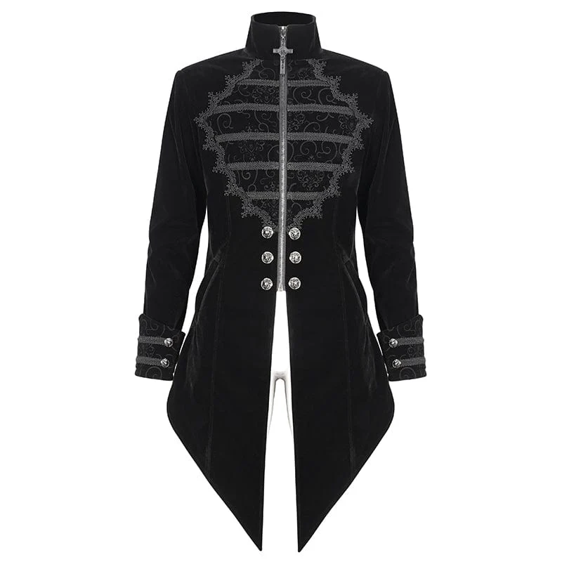 Herren Gothic-Mantel mit Stehkragen und Spitzenspleiß, Schwalbenschwanz, Schwarz