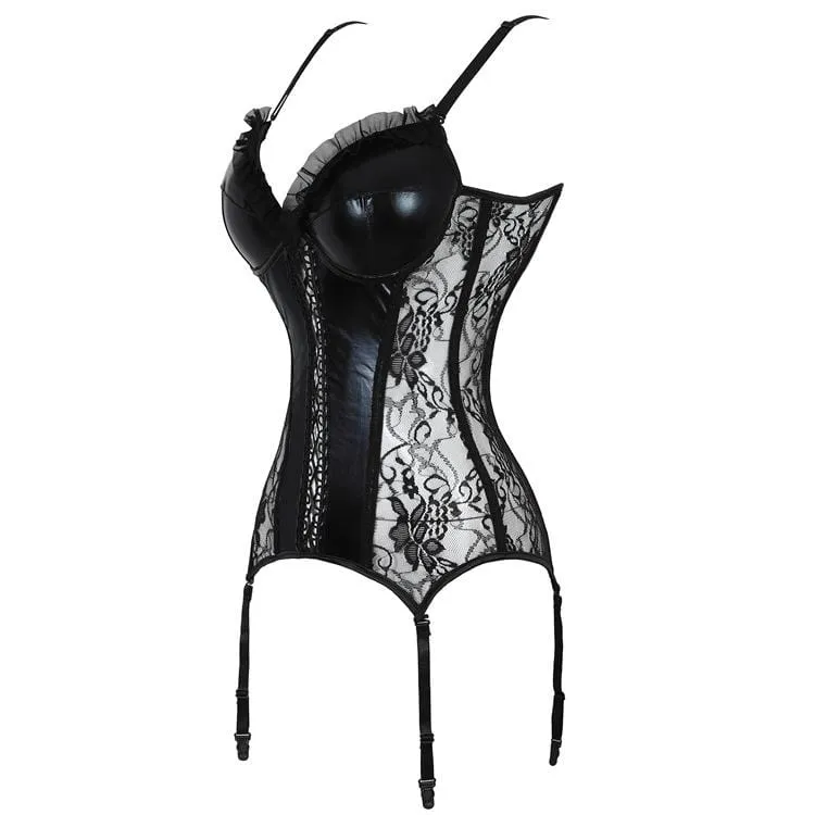 Damen Gothic Kunstleder Spleißen Floral Lace Overbust Korsetts