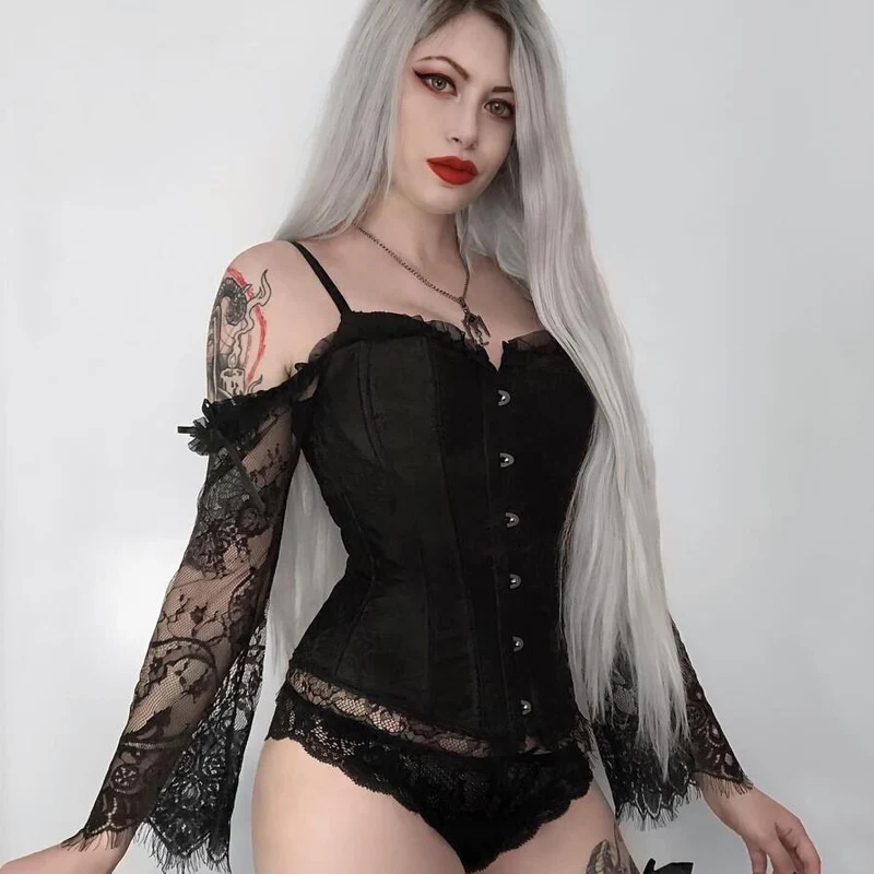 Damen Gothic Floral Lace Sleeved Overbust Korsetts