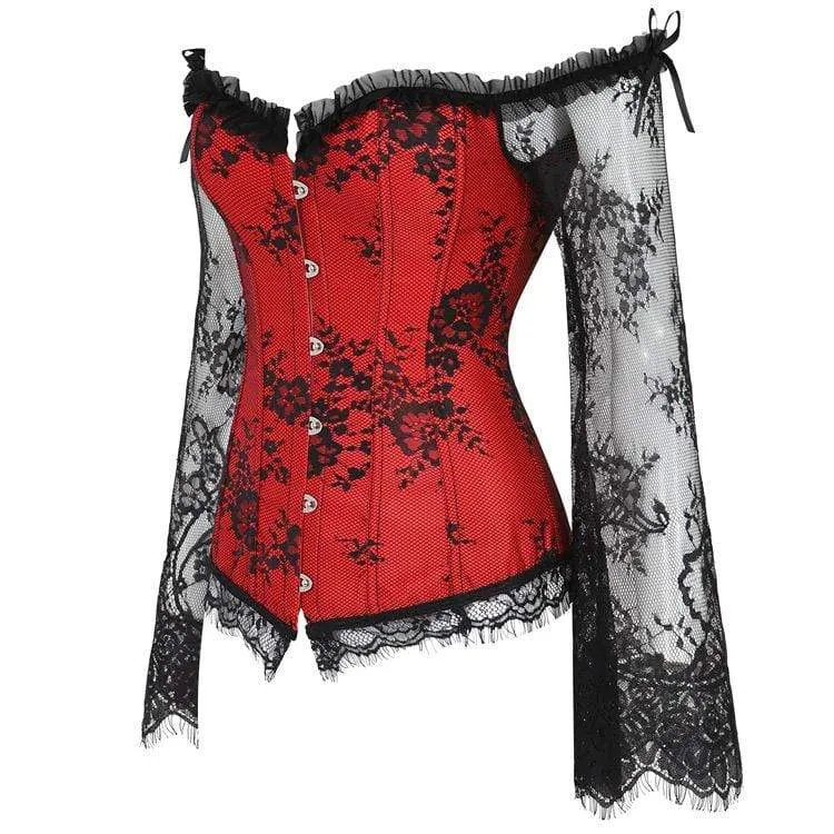 Damen Gothic Floral Lace Sleeved Overbust Korsetts