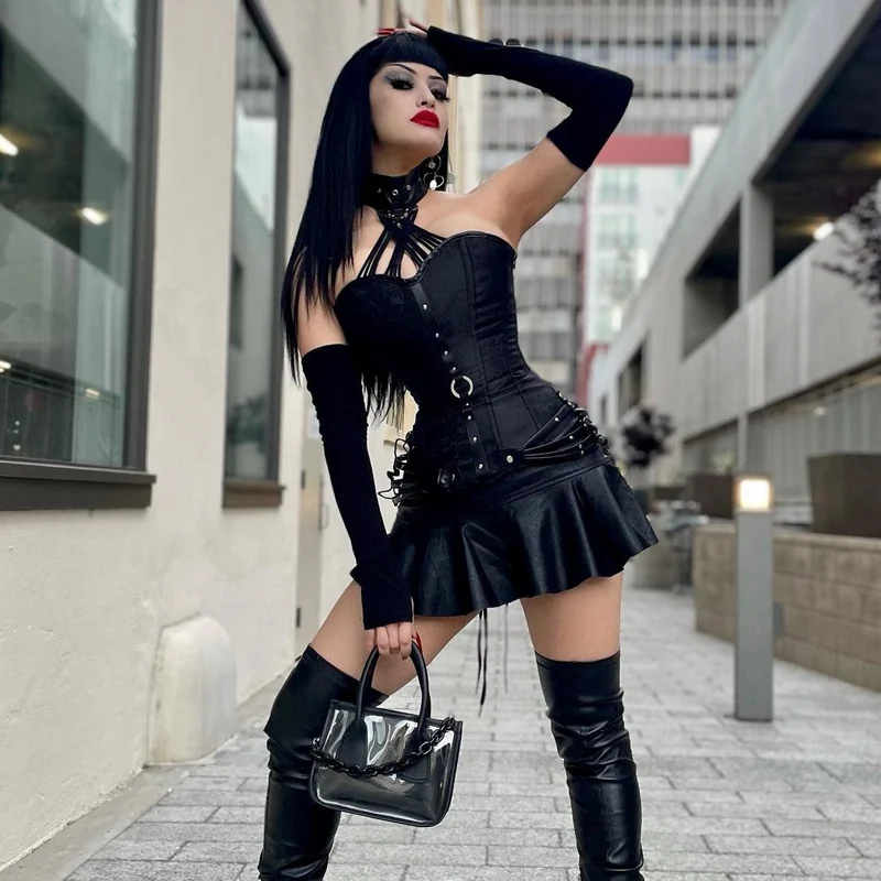 Damen Gothic Side Zipper Neckholder Top Korsetts
