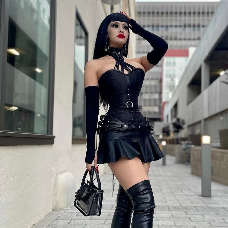 Damen Gothic Side Zipper Neckholder Top Korsetts