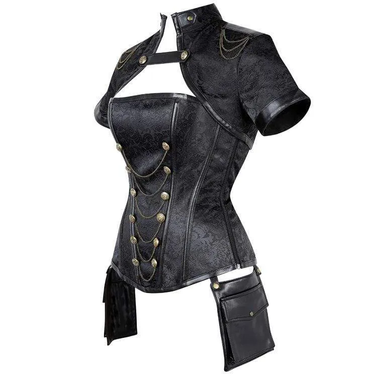 Damen Gothic Floral Sleeved High Collar Overbust Korsetts