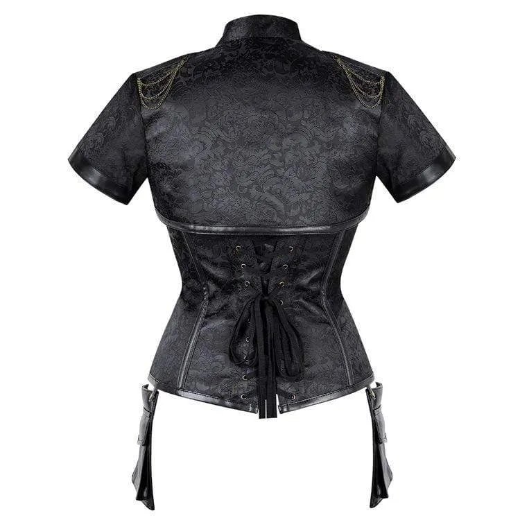 Damen Gothic Floral Sleeved High Collar Overbust Korsetts