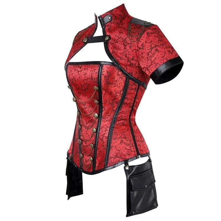Damen Gothic Floral Sleeved High Collar Overbust Korsetts