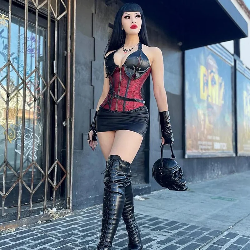 Damen Gothic Kunstleder Neckholder Top Korsetts