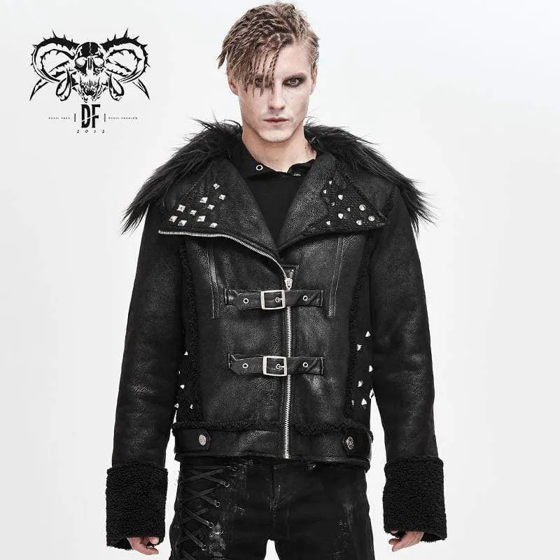 Punk-Winterjacken für Herren mit Pelzbesatz, Umlegekragen, Gürtel und Nieten