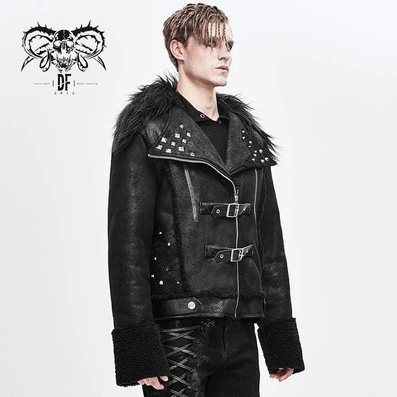 Punk-Winterjacken für Herren mit Pelzbesatz, Umlegekragen, Gürtel und Nieten