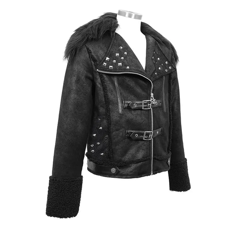 Punk-Winterjacken für Herren mit Pelzbesatz, Umlegekragen, Gürtel und Nieten