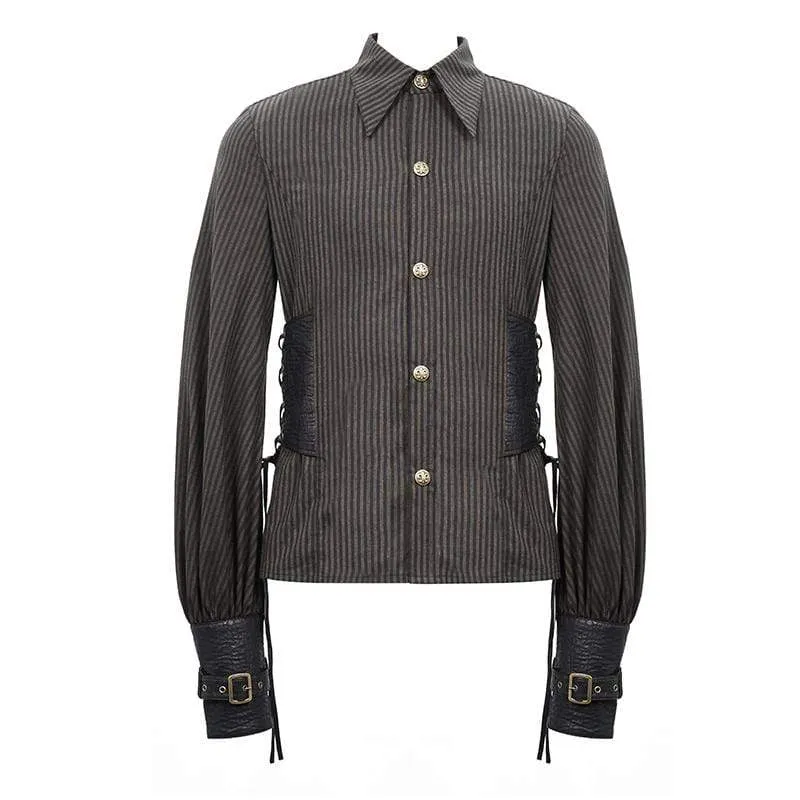 Herren Puff Sleeved Stripes Kunstleder Spleißhemden