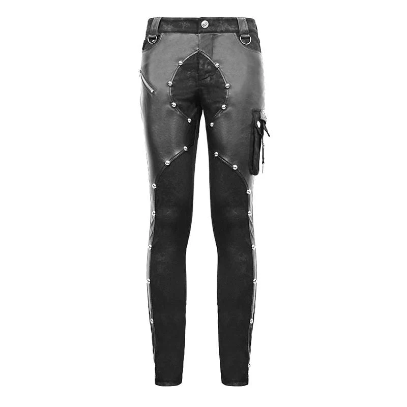 Herren Kunstleder Reißverschluss Nieten Gespleißte Hose mit Tasche