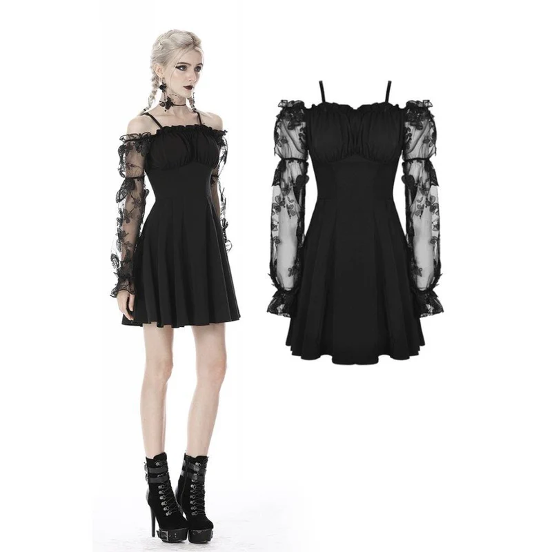 Sexy Gothic-Kleid für Damen mit schulterfreiem Design, Spitzenärmeln und Abschlusskleid