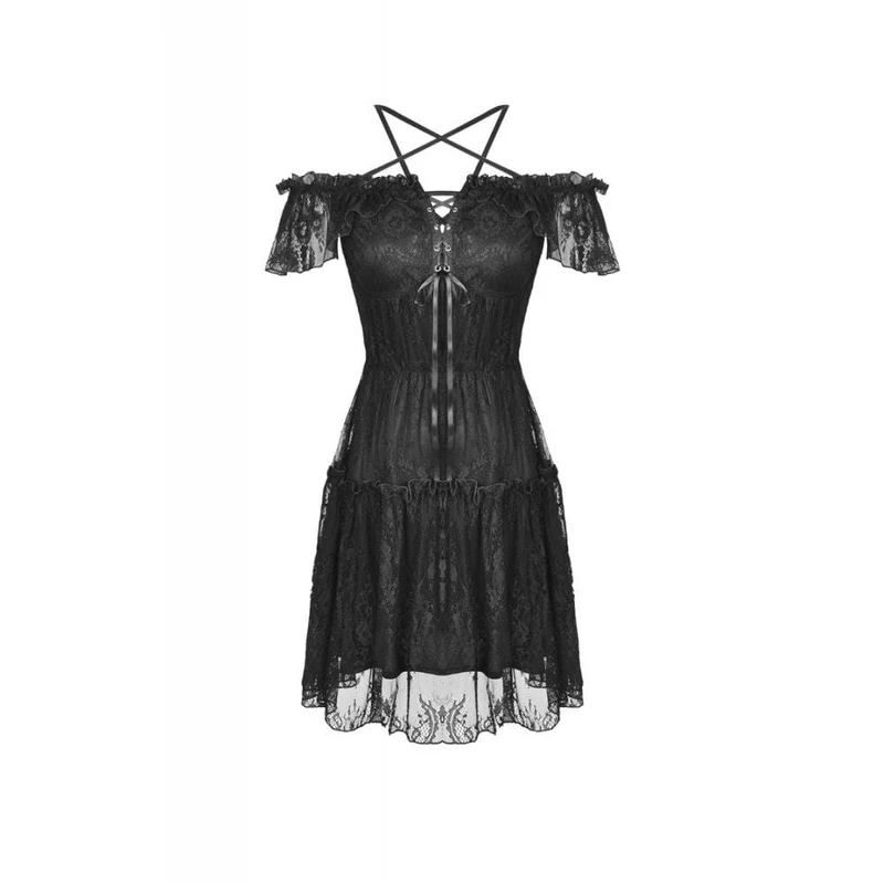 Gothic-Spitzenkleid für Damen mit Sternenmuster, kurzen Ärmeln und Abschlusskleid