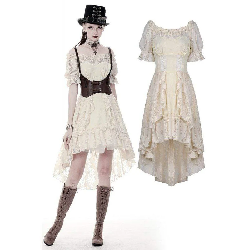 Wunderschönes beigefarbenes Vintage-Kleid mit Rüschen und Raffungen, perfekt für den Schulabschluss.