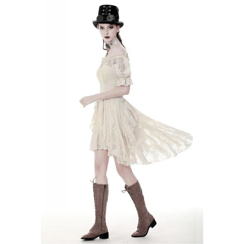 Wunderschönes beigefarbenes Vintage-Kleid mit Rüschen und Raffungen, perfekt für den Schulabschluss.