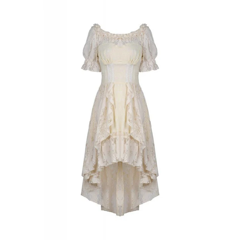 Wunderschönes beigefarbenes Vintage-Kleid mit Rüschen und Raffungen, perfekt für den Schulabschluss.