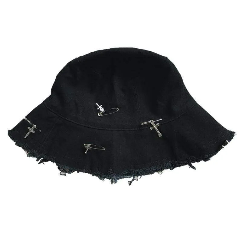Frauen Gothic Ripped Pins Crosses Bucket Hats